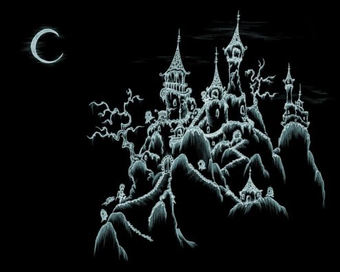 skeletons and ghosts walking up to a castle at night, also a ghost dog