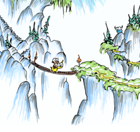 a monkey riding a llama over a bridge near steep cliffs and castles