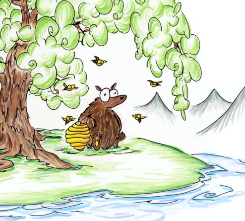 bear and bees and a beehive by a stream under a tree